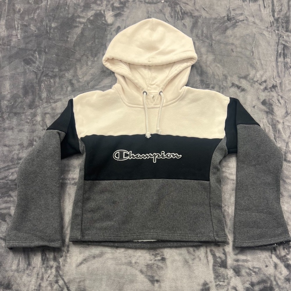 Champion Reverse Weave Cropped Hoodie Womens Small Colorblocked Logo Bell Sleeve